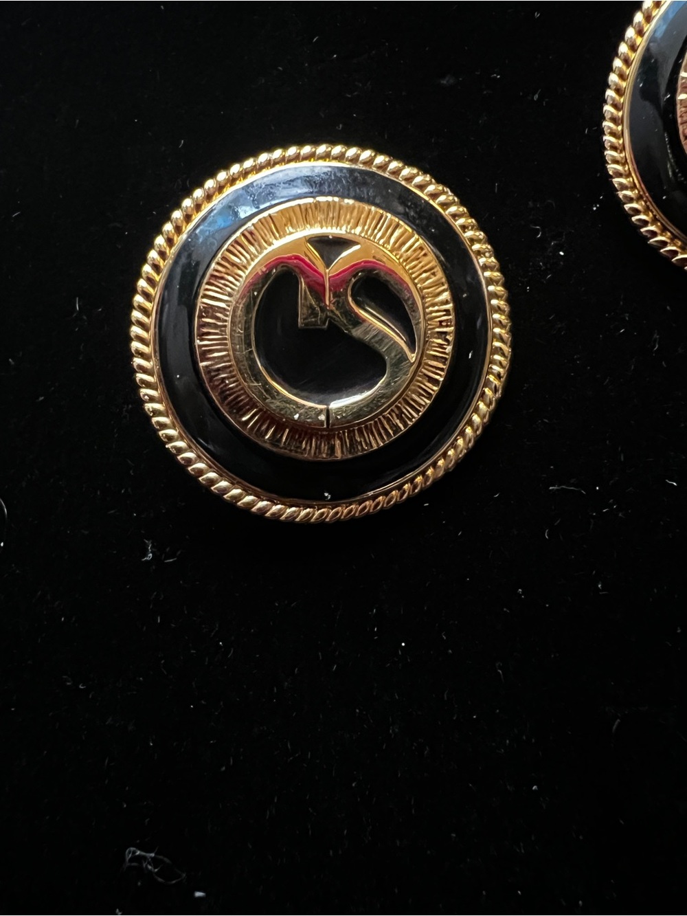Vintage St John Gold Tone and Enamel Logo Clip Back Earrings - Picture 4 of 5